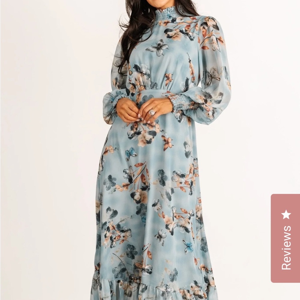Floral Long Sleeve Maxi Dress in Light Blue